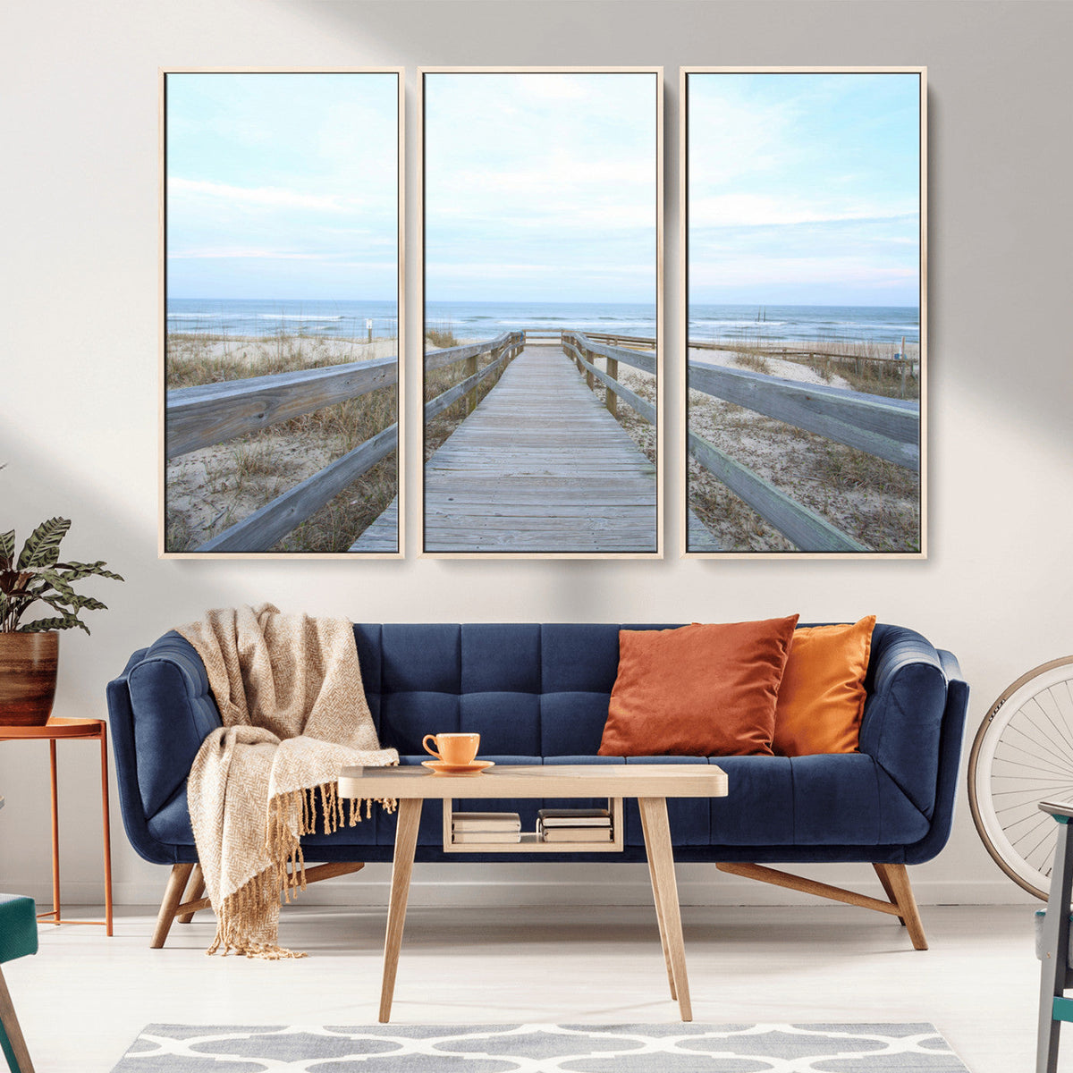 Beach Boardwalk Wall Art Canvas Print, Framed Coastal Serenity Ocean View