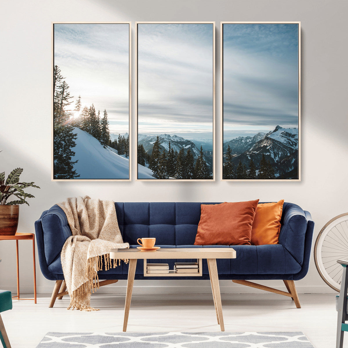 Snowy Mountains Wall Art Canvas Print, Framed Alpine Landscape Frosty Peaks Artwork