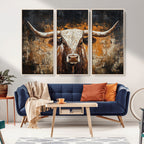 Abstract Longhorn Bull Wall Art Canvas Print, Vintage Western Texas Steer Artwork