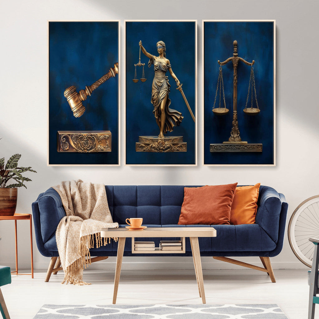 Lady Justice Wall Art Canvas Print, Elegant Gold Legal Symbols on Blue, Law Office Decor