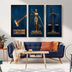 Lady Justice Wall Art Canvas Print, Elegant Gold Legal Symbols on Blue, Law Office Decor