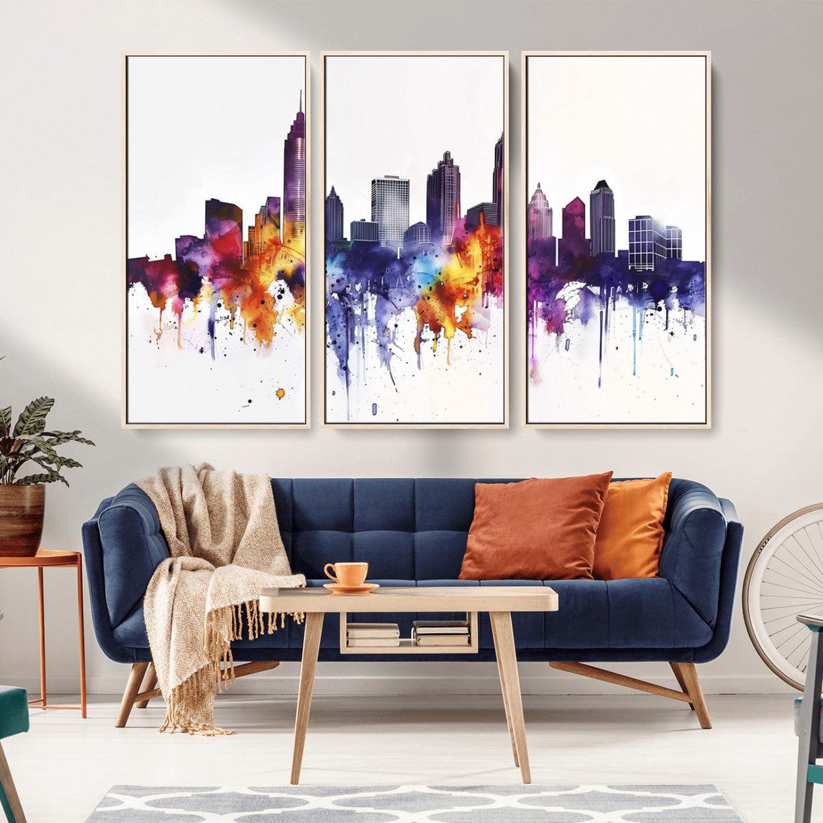 Atlanta Skyline Wall Art Canvas Print, Framed Colorful Watercolor Cityscape