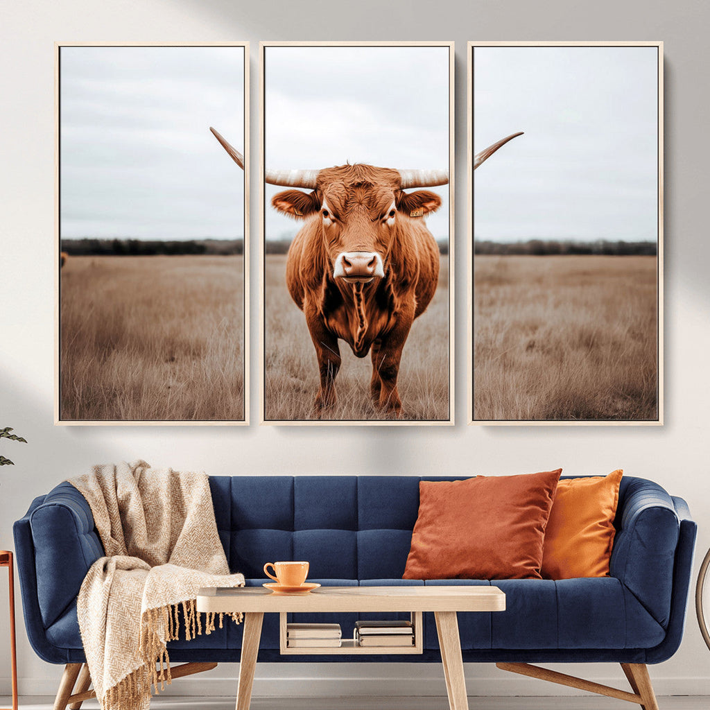 Longhorn Bull Wall Art Canvas Print, Framed Rustic Decor