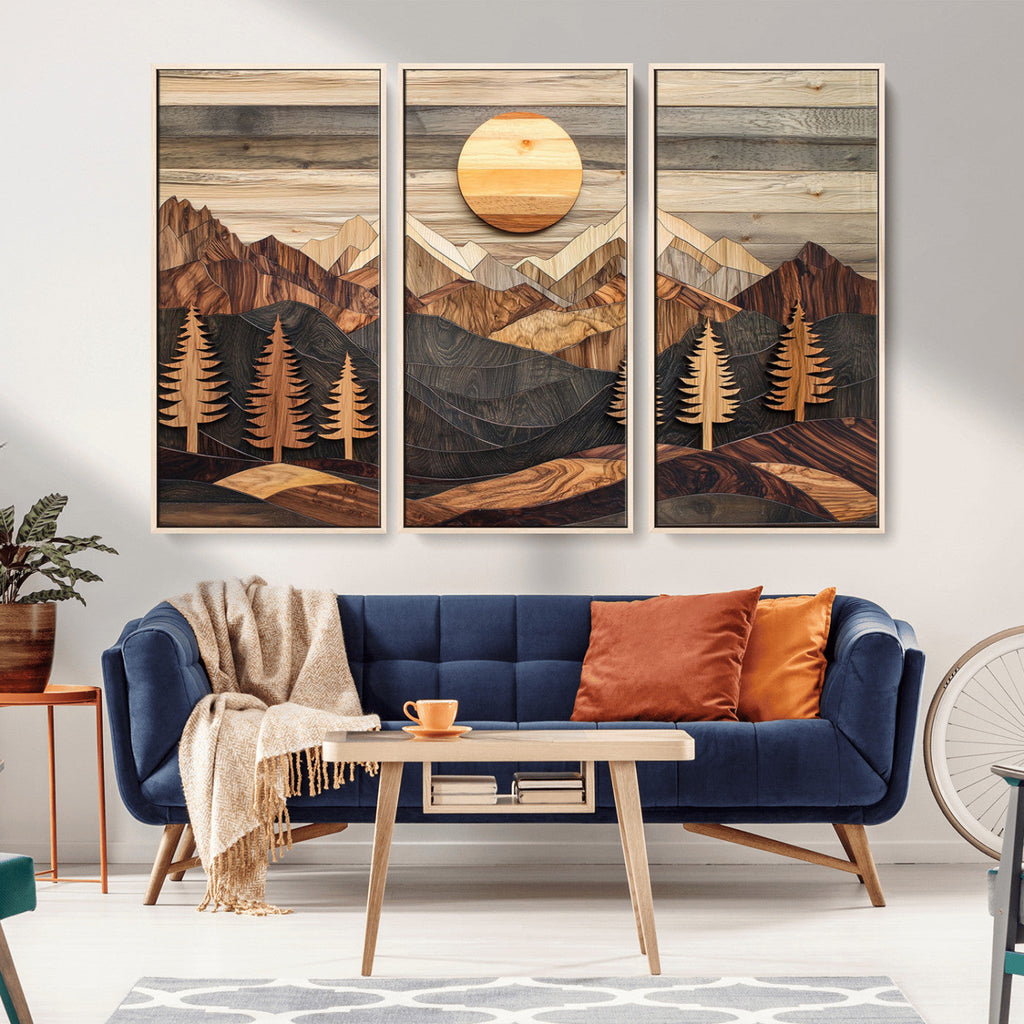 Wooden Mountain Layers Art | Rustic Pine Tree Landscape