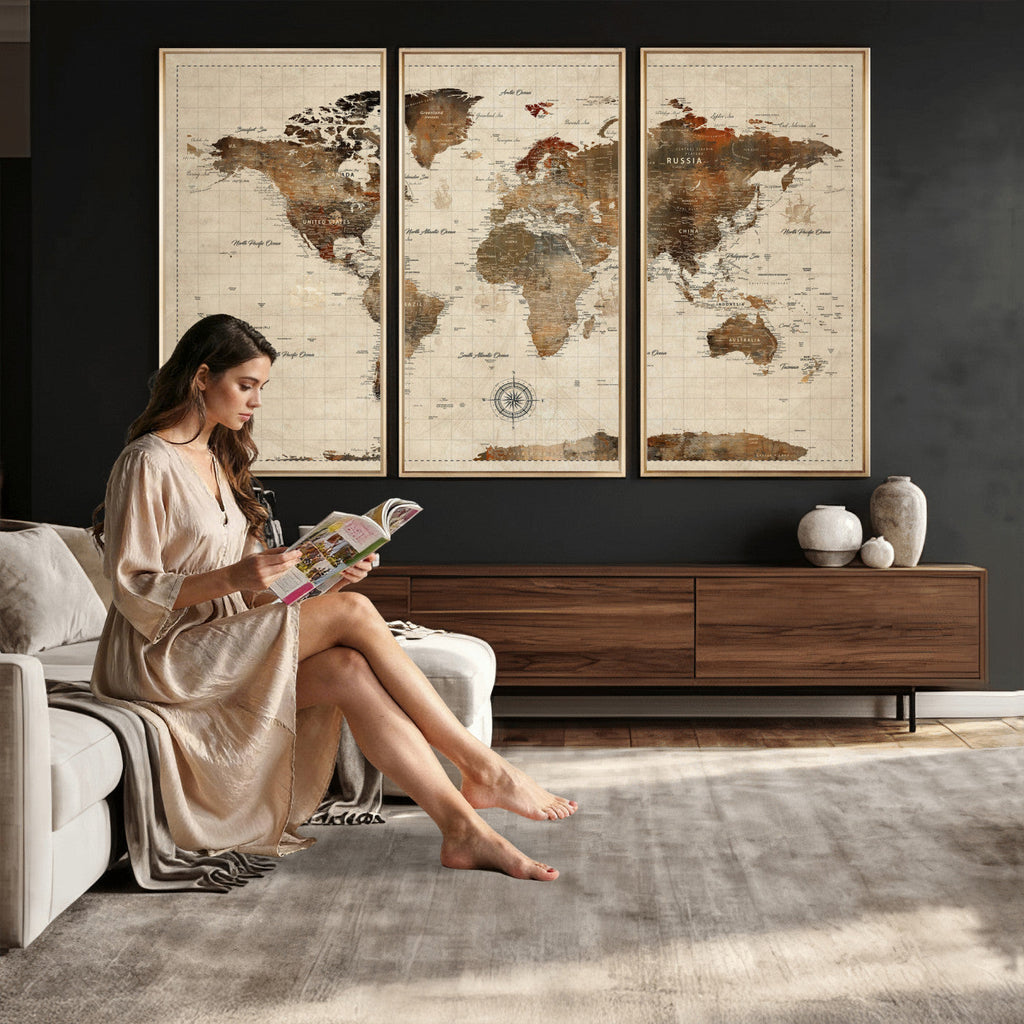 Vintage World Map Wall Art Canvas Print for Living Room, Office and Study