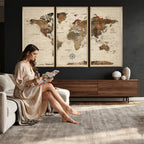 Vintage World Map Wall Art Canvas Print for Living Room, Office and Study