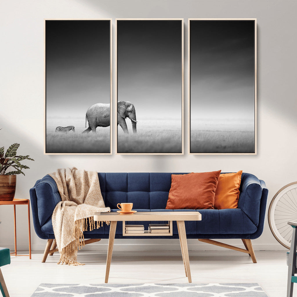Elephant and Zebra Wall Art Canvas Print, Modern Artwork