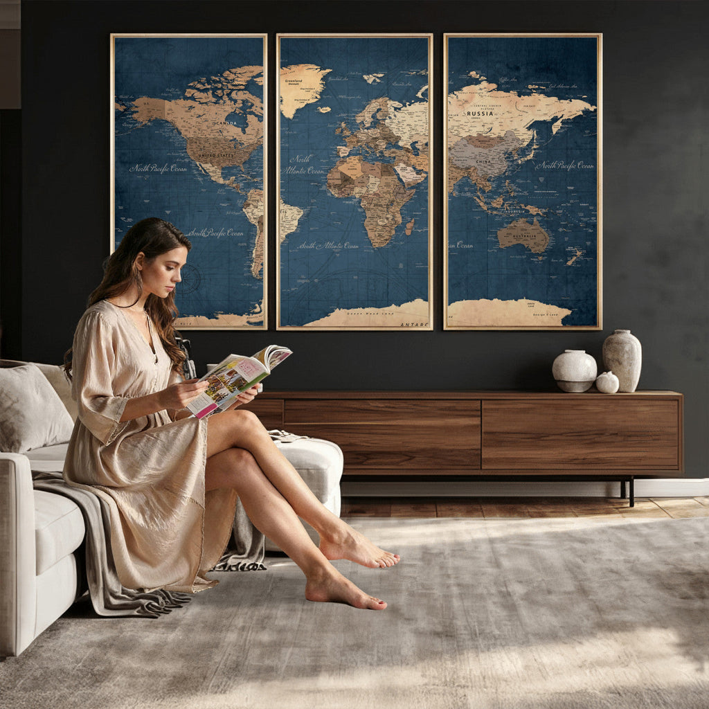 Navy Blue World Map Canvas Print | Framed Travel Map Wall Art