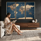 Navy Blue World Map Canvas Print | Framed Travel Map Wall Art