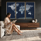 Blue Detailed World Map Wall Art Canvas Print | Modern Framed Map