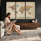 Vintage World Map Canvas Wall Art Print | Framed Modern World Map