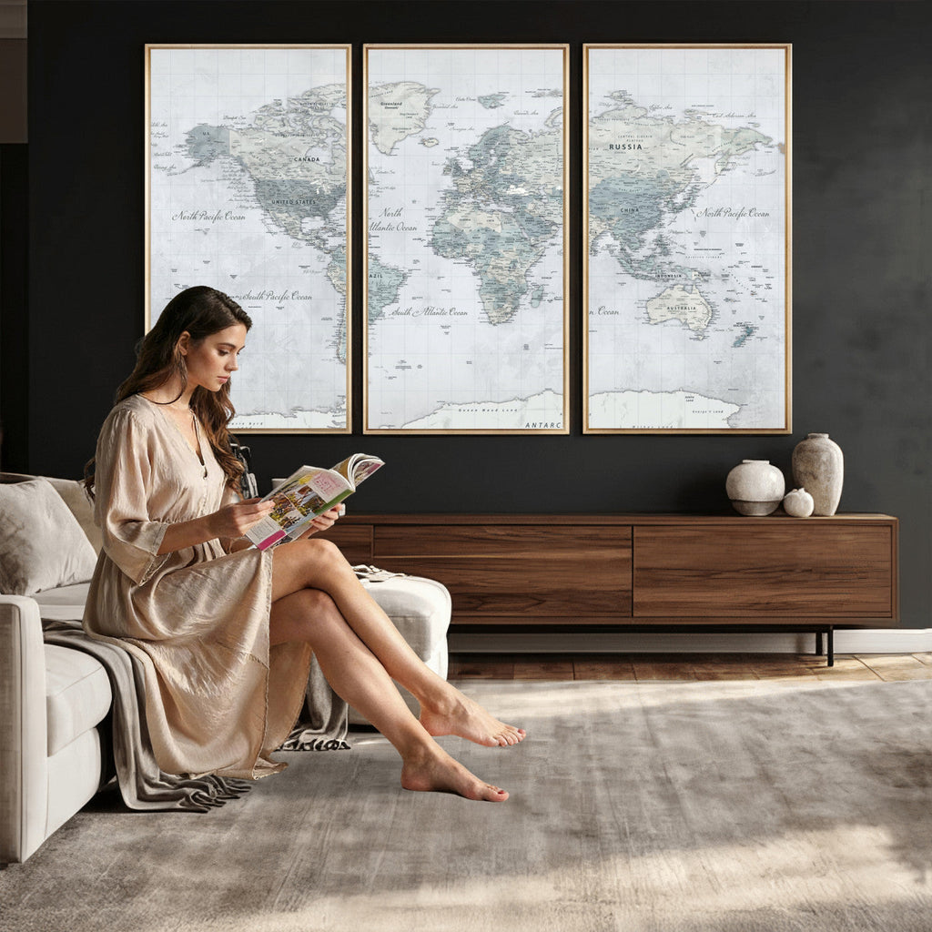 Push Pin World Map Canvas Print - Detailed Vintage World Map