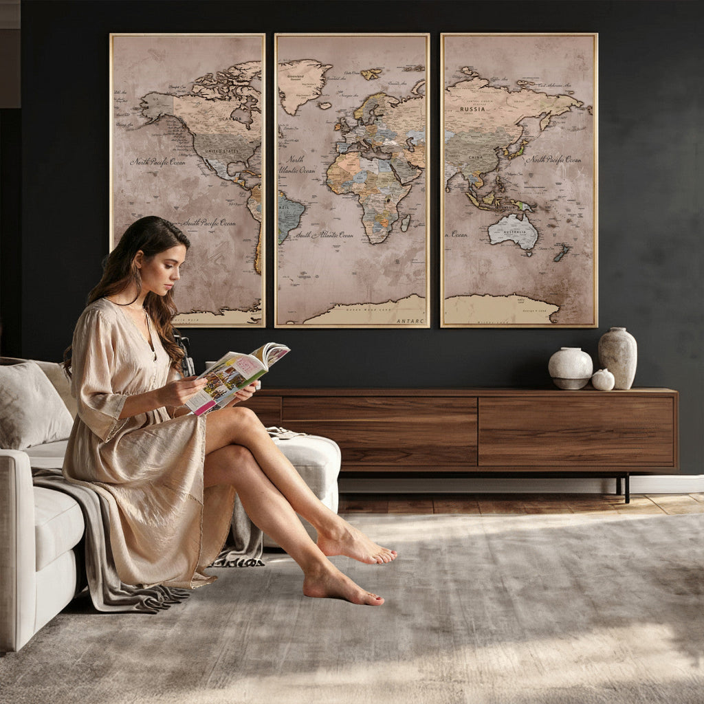 Grunge World Map Canvas Wall Art - Vintage Aged World Map with Golden Tones