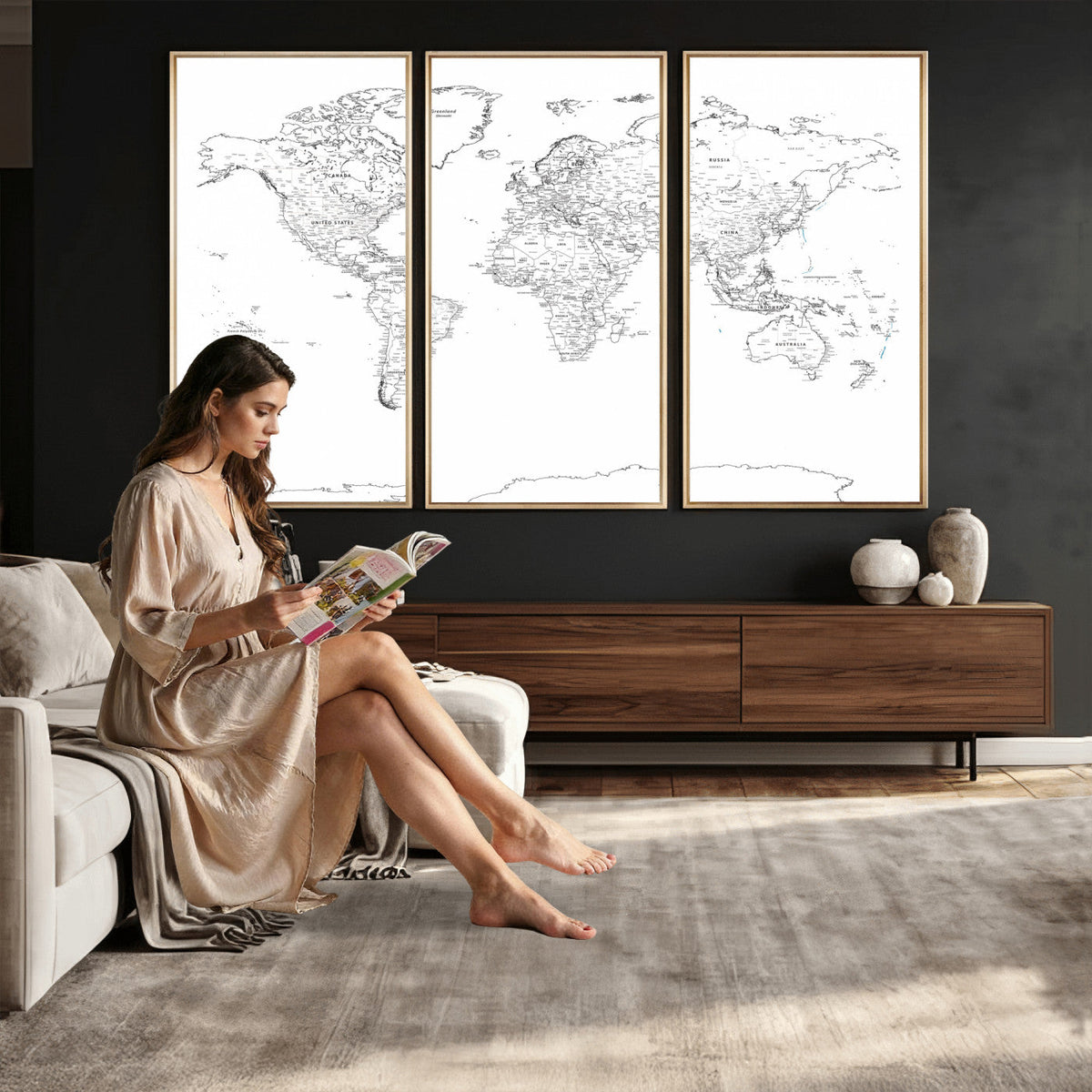World Map Canvas Print, Framed Modern Detailed Map of the World for Home or Office