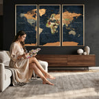 Vintage World Map Canvas Wall Art | Detailed Map with Countries, Oceans and Continents