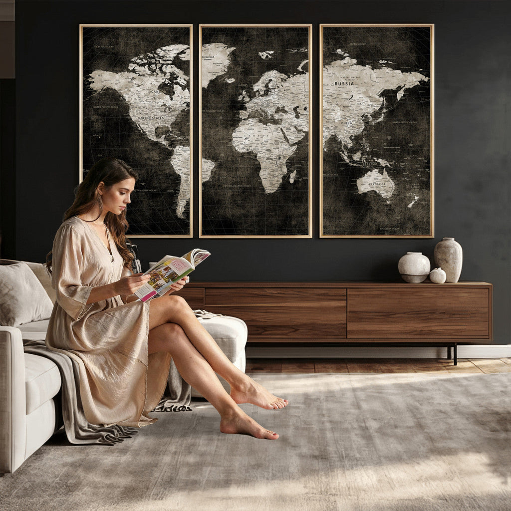 Vintage World Map Wall Art Canvas Print | Framed Large Map Wall Art