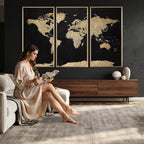 Beige World Map Canvas Wall Art Print, Minimal Black and Beige Map