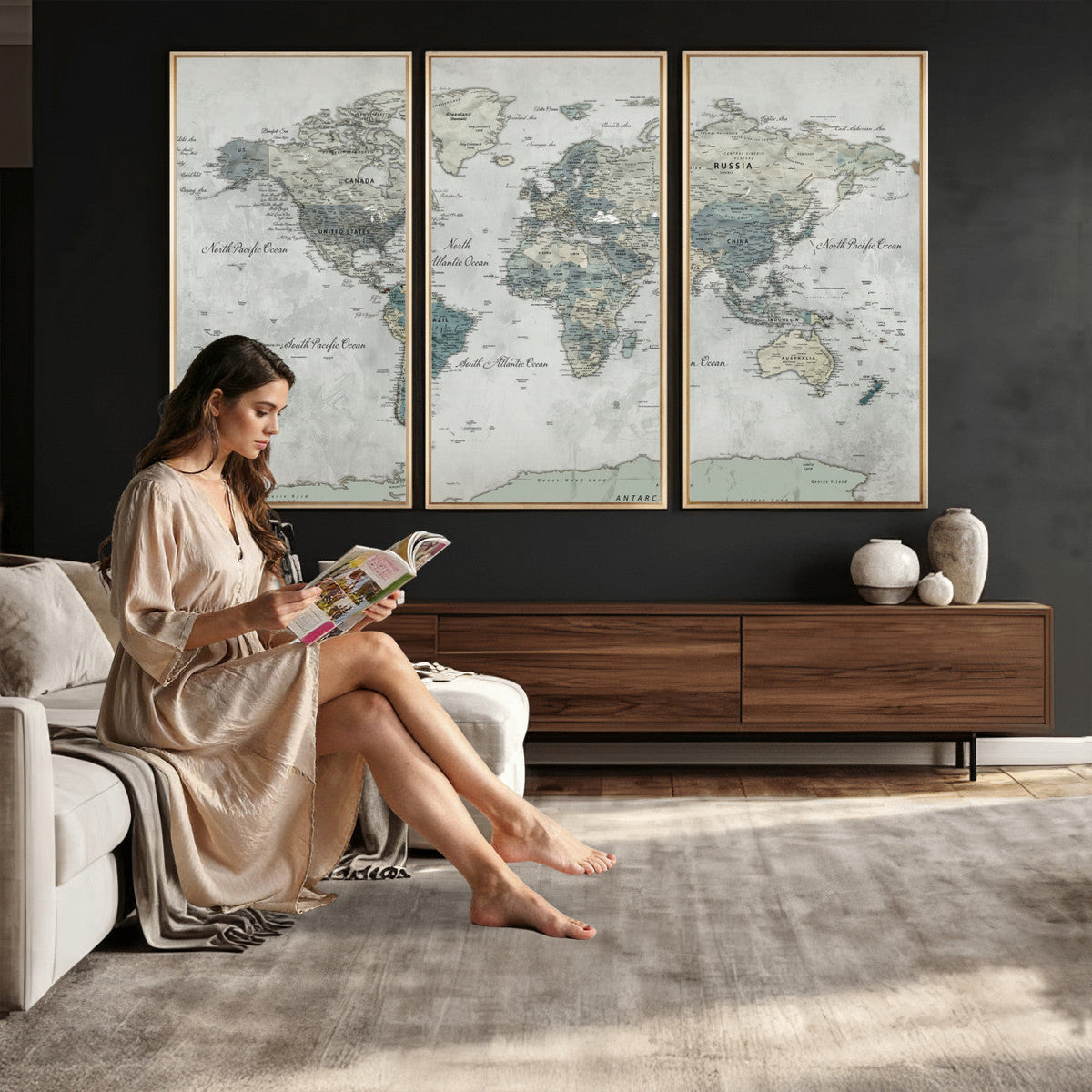 Neutral Vintage World Map Canvas Wall Art Print, Classic Map Artwork