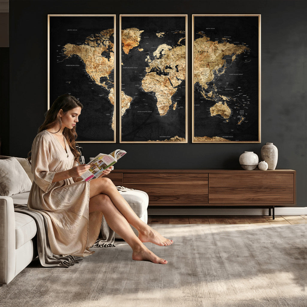 World Map Canvas Wall Art with Famous Landmarks | Framed Travel Map
