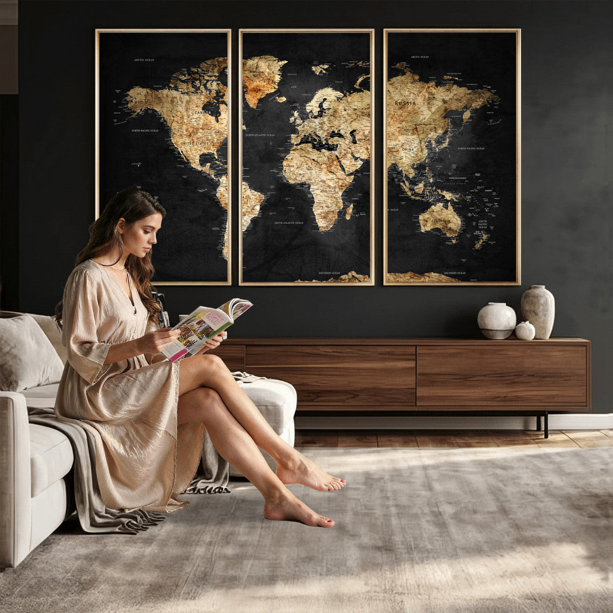 World Map Canvas Wall Art with Famous Landmarks | Framed Travel Map