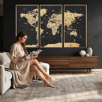 Vintage Blue and Brown World Map Canvas Wall Art | Framed Rustic Map Print