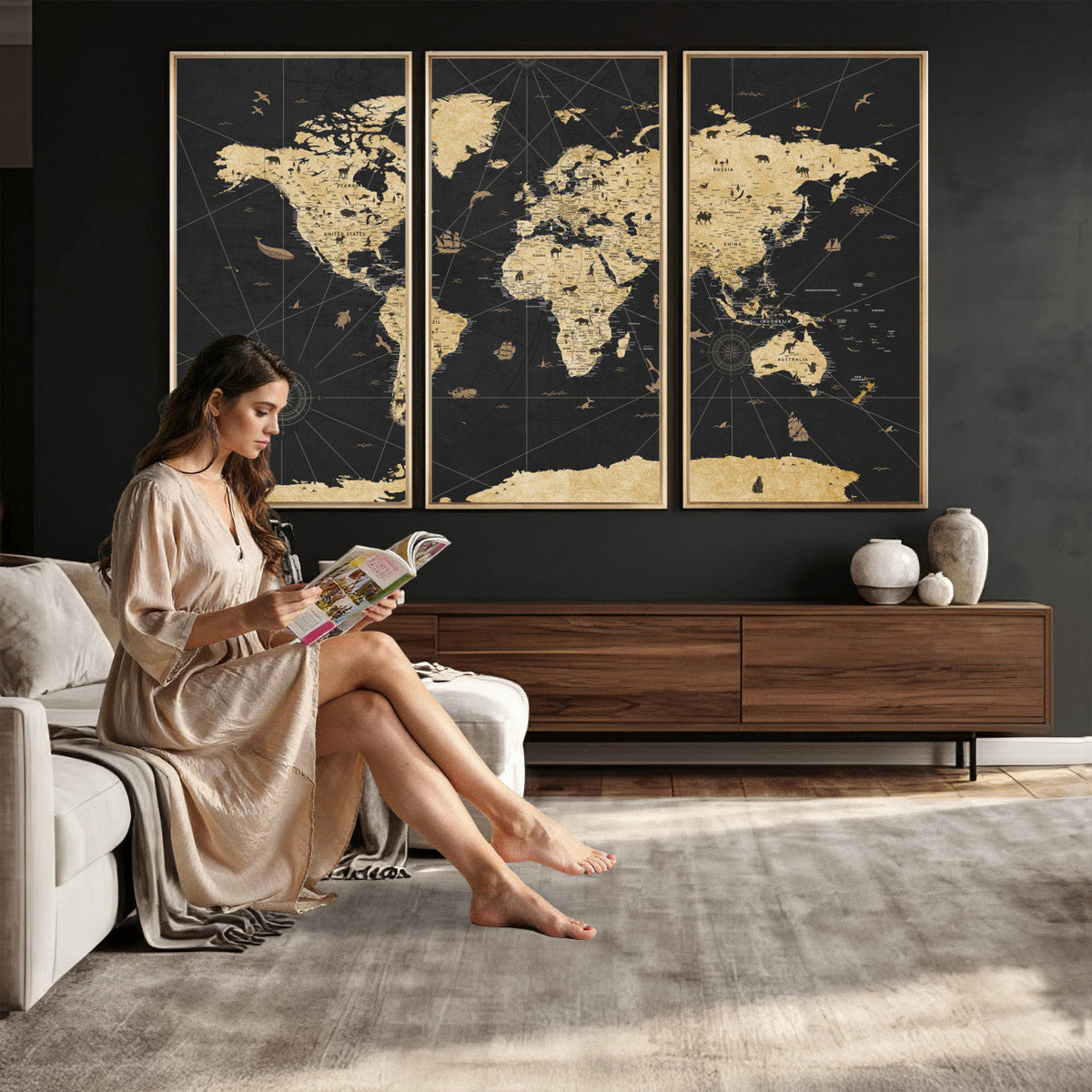 Vintage Blue and Brown World Map Canvas Wall Art | Framed Rustic Map Print