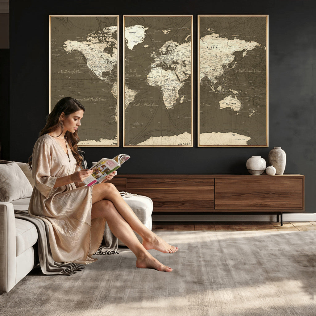 Vintage World Map Canvas Print | Framed Travel Map Wall Art for Couples