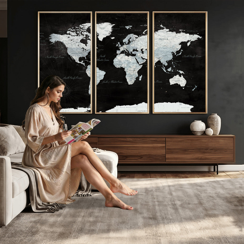 World Map Canvas Print | Framed Push Pin Wall Art, Color Splash Travel Map