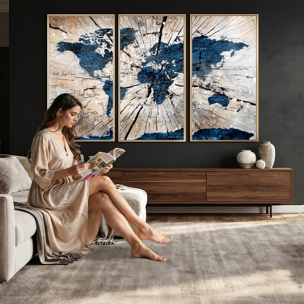 Rustic World Map Canvas Print | Framed Wall Art for Couples