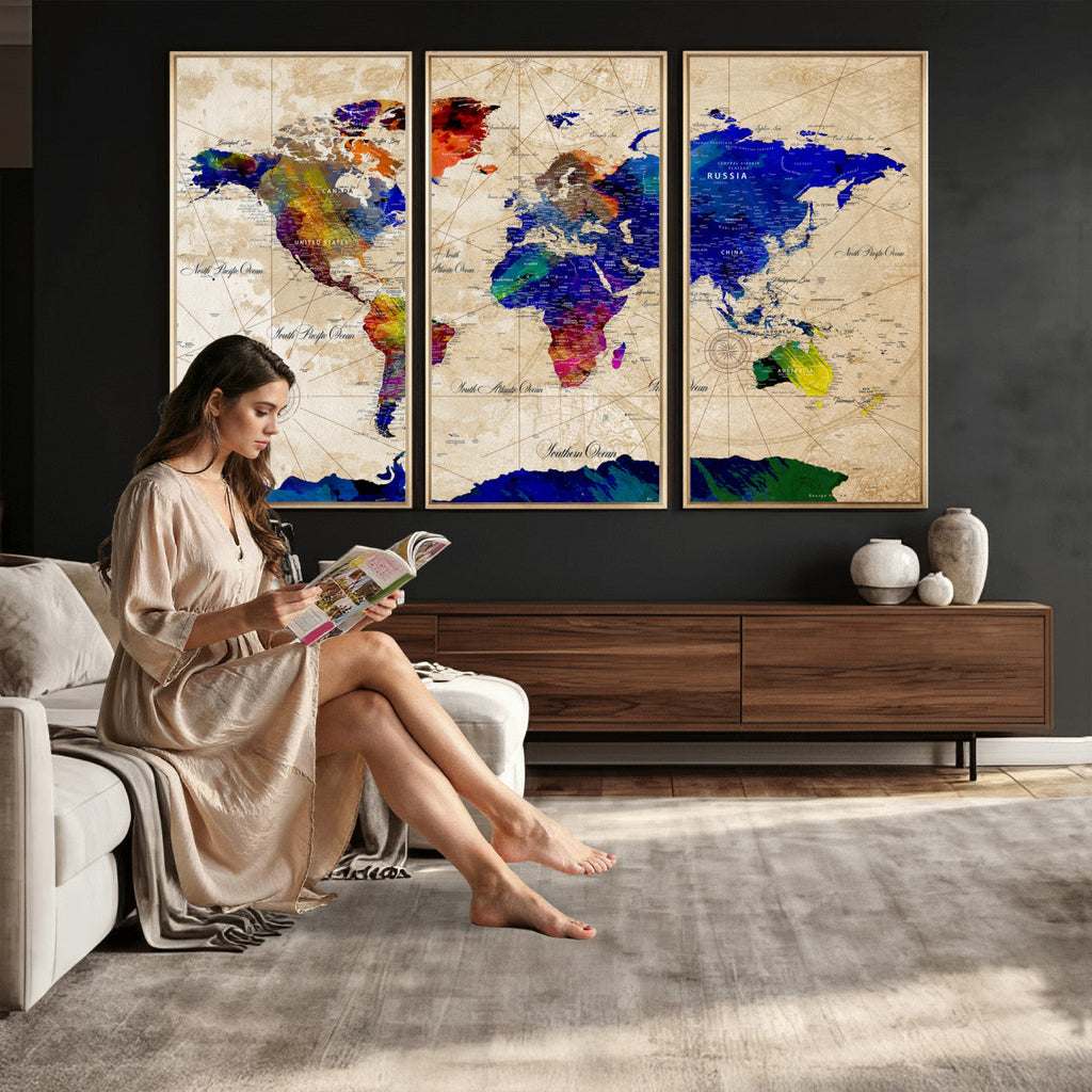 Watercolor World Map Canvas Print | Framed Wall Art for Couples