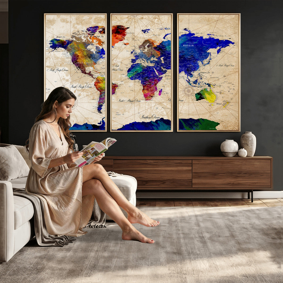 Watercolor World Map Canvas Print | Framed Wall Art for Couples
