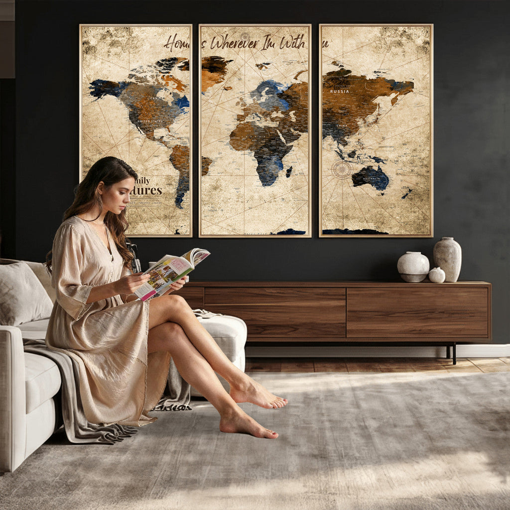 World Map Wall Art | Rustic Earth Tone Canvas Print, Antique Travel Map