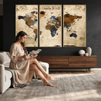 World Map Wall Art | Rustic Earth Tone Canvas Print, Antique Travel Map