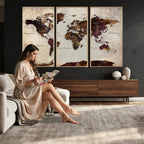 World Map Canvas Triptych | Colorful Global Wall Art for Living Rooms