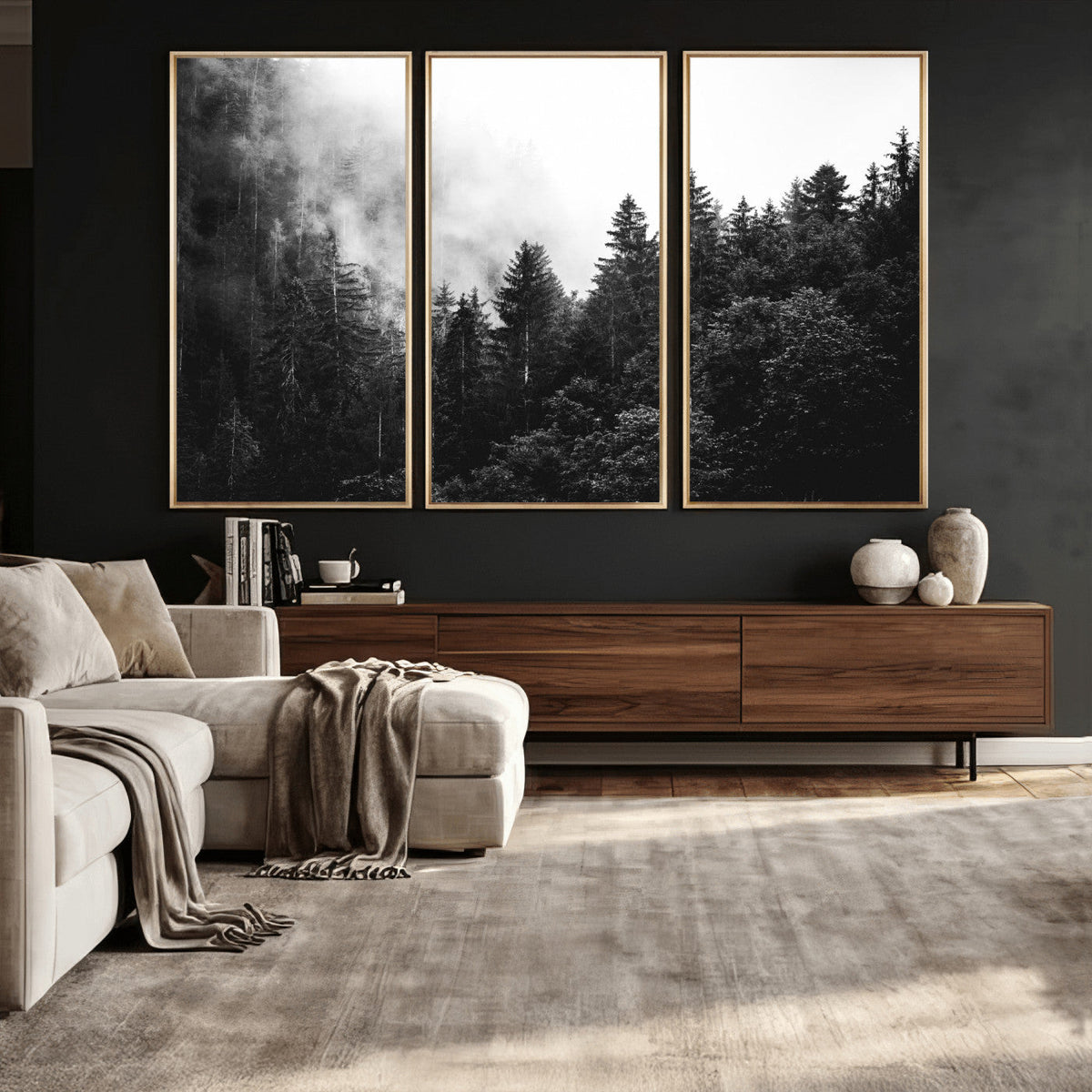 Black White Forest Wall Art Canvas Print, Misty Pine Tree Landscape