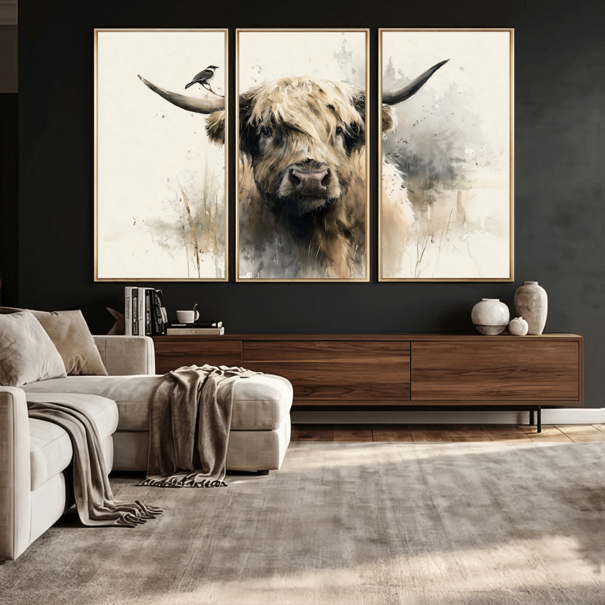 Abstract Highland Cow Wall Art Canvas Print, Rustic Farm Cattle Portrait