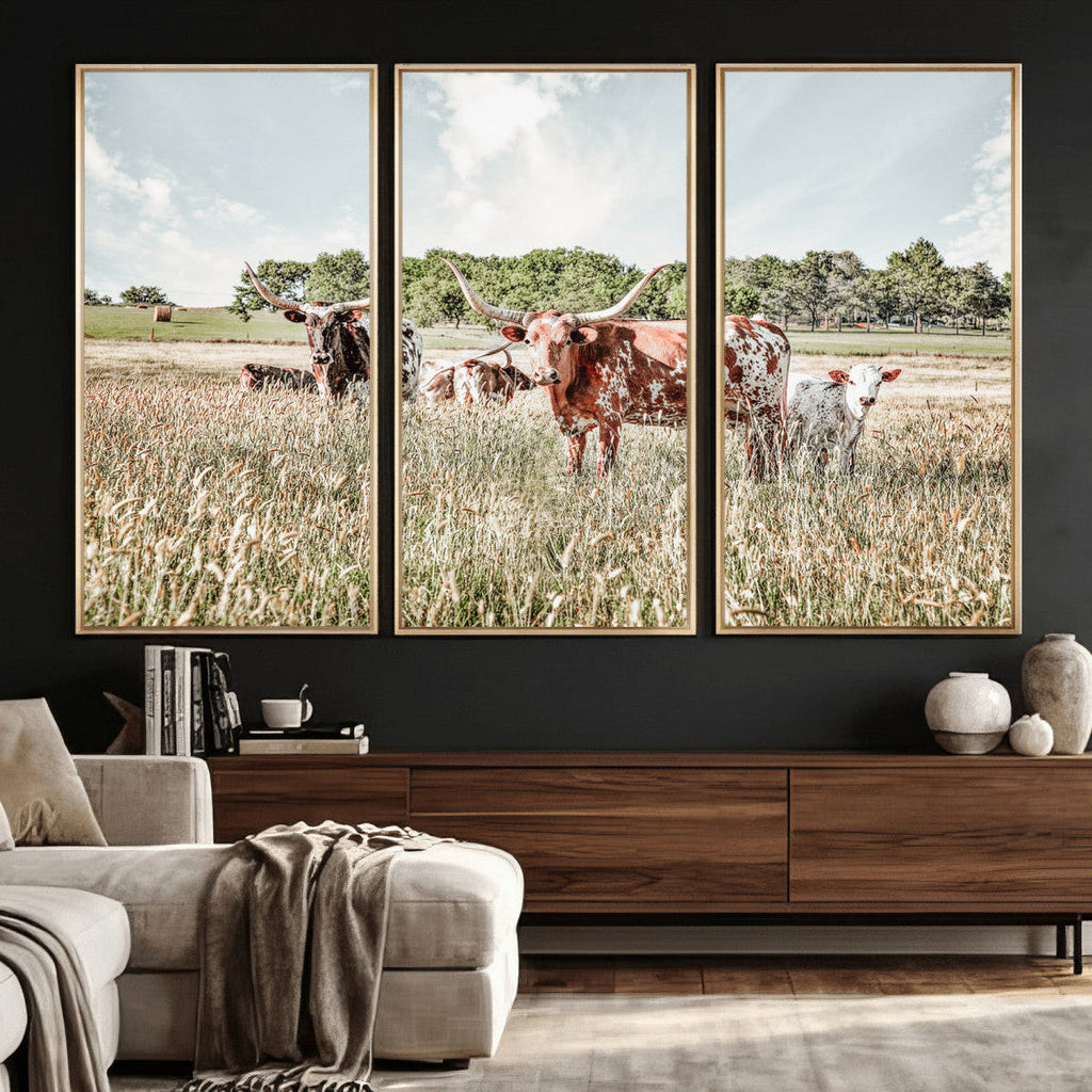 Texas Longhorn Cattle Wall Art Canvas Print, Western Ranch Landscape Decor
