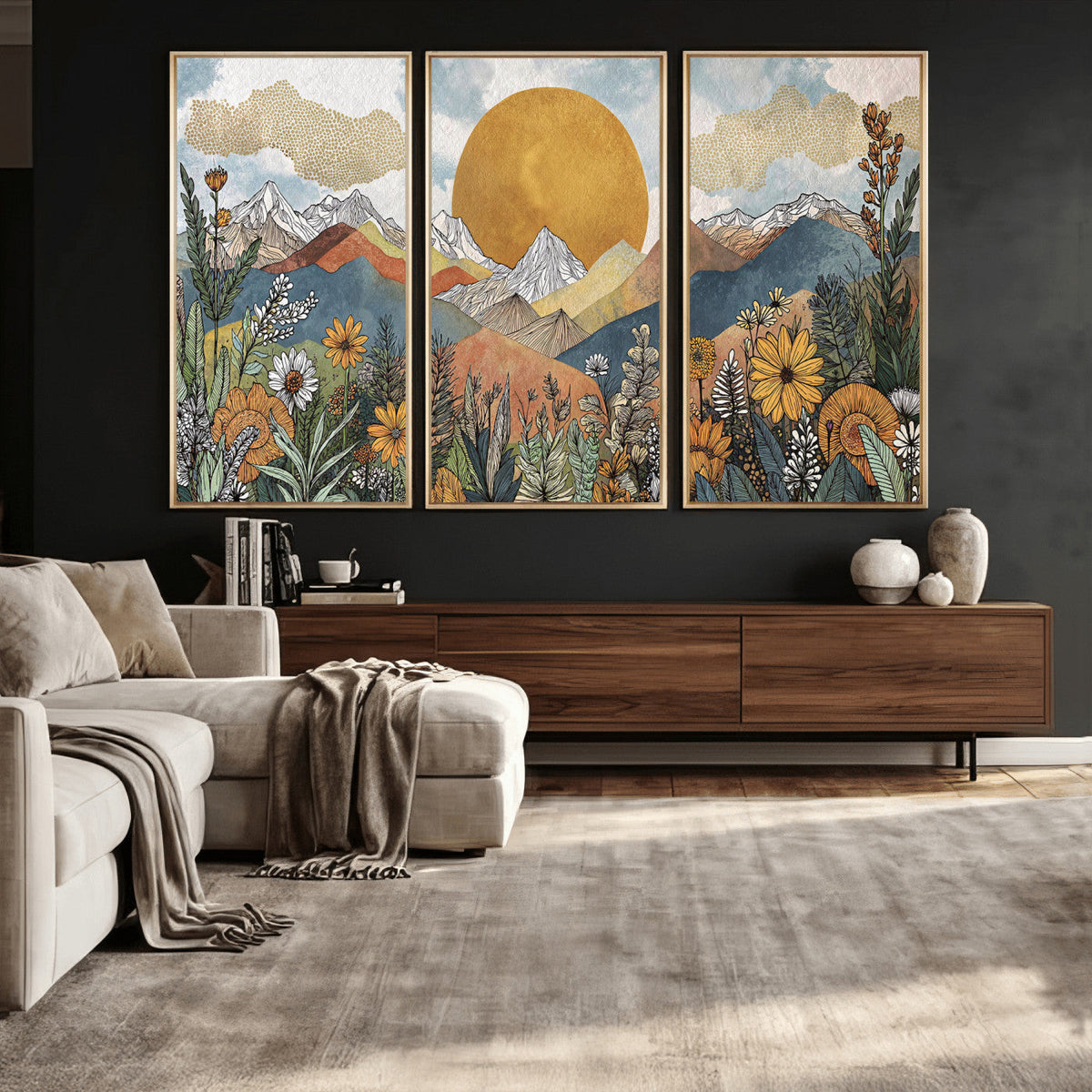 Boho Mountain Landscape Large Wall Art, Horizontal Gold Sun and Flowers Print