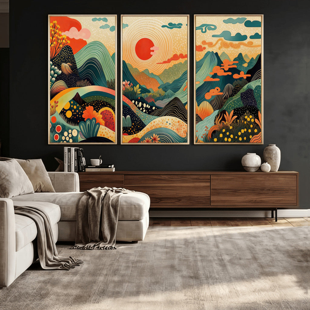 Yayoi Kusama Boho Mountain Landscape Large Wall Art, Gold Sun and Flowers Print