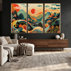 Yayoi Kusama Boho Mountain Landscape Large Wall Art, Gold Sun and Flowers Print