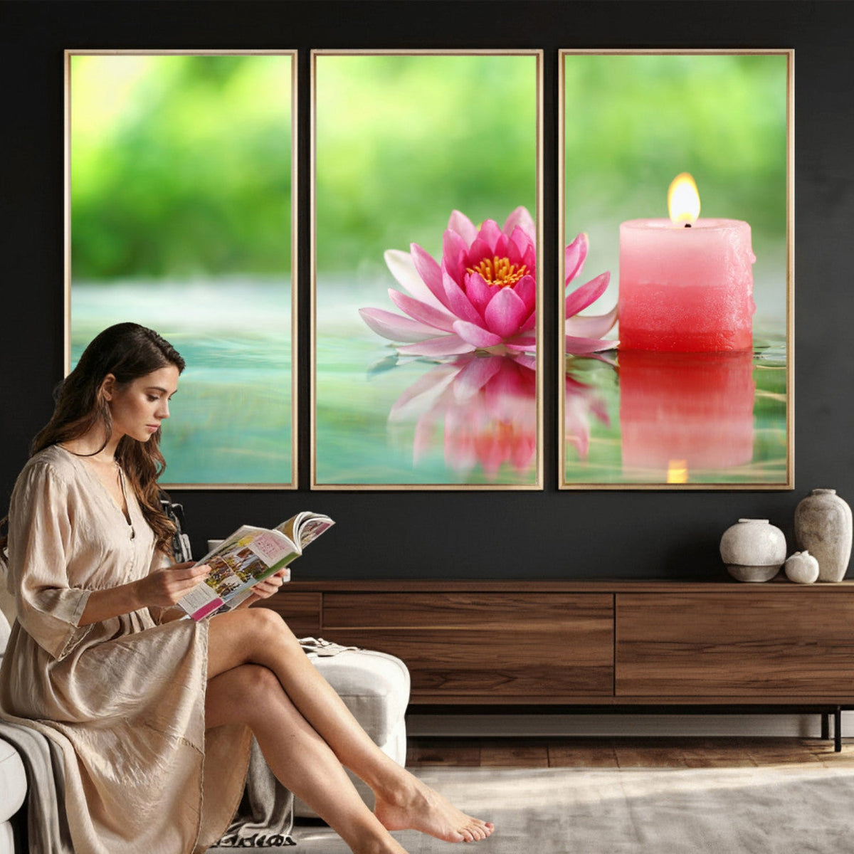 Zen Lotus Candle Canvas Wall Art, Pink Spa Meditation Decor