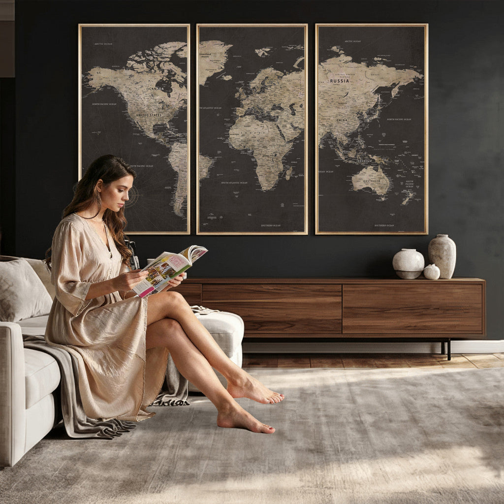 World Map Canvas Wall Art, Dark Charcoal and Antique Tan Detailed Map