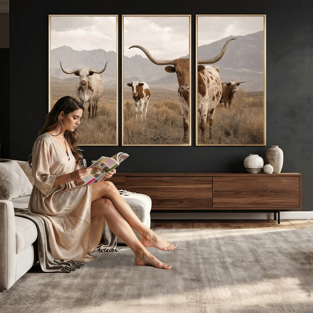 Rustic Texas Longhorn Cow Canvas Wall Art Print, Farm Animal Photography