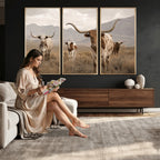 Rustic Texas Longhorn Cow Canvas Wall Art Print, Farm Animal Photography