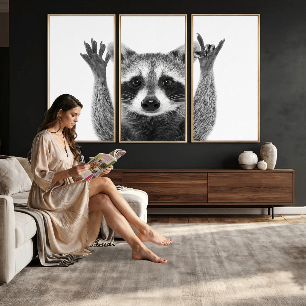 Funny Raccoon Canvas Wall Art, Black White Hands Up Animal Photo Print