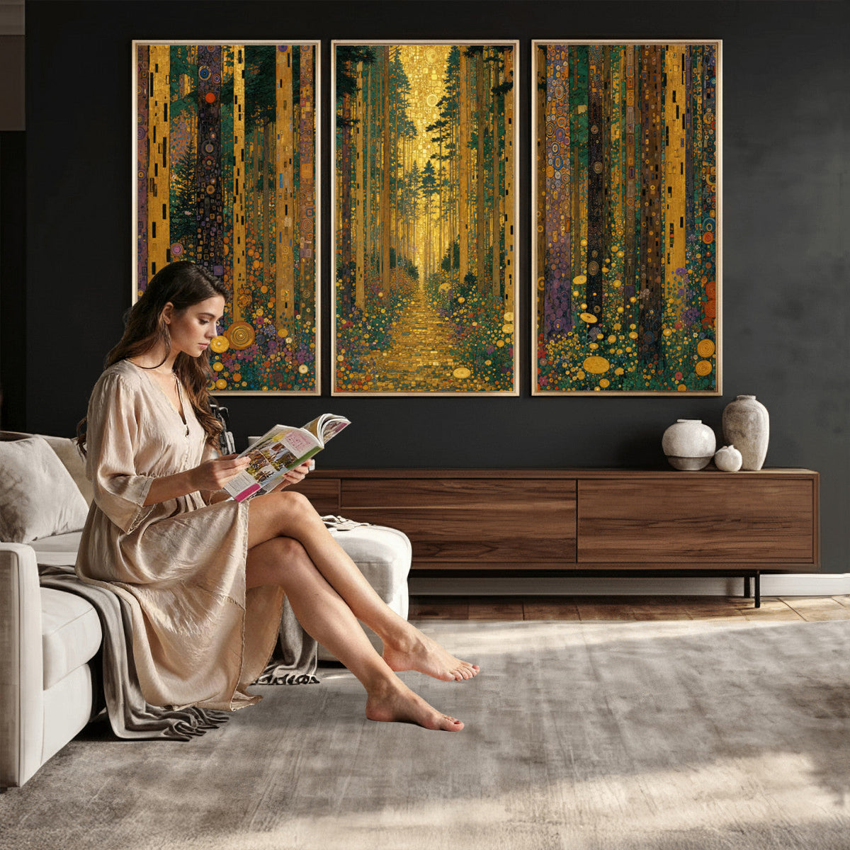Gustav Klimt Style Forest Canvas Wall Art, Golden Forest Path Floral Art Nouveau Print