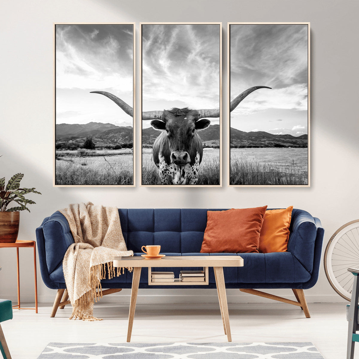 Longhorn Black and White Wall Art | Rustic Western Bull Canvas Print