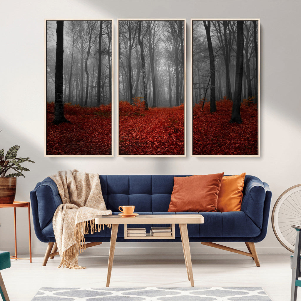 Red Forest Floor Canvas Wall Art | Mystical Foggy Woodland Triptych