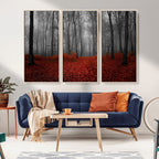 Red Forest Floor Canvas Wall Art | Mystical Foggy Woodland Triptych