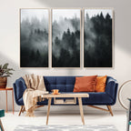 Foggy Forest Wall Art Canvas Print | 3 Panel Large Misty Landscape